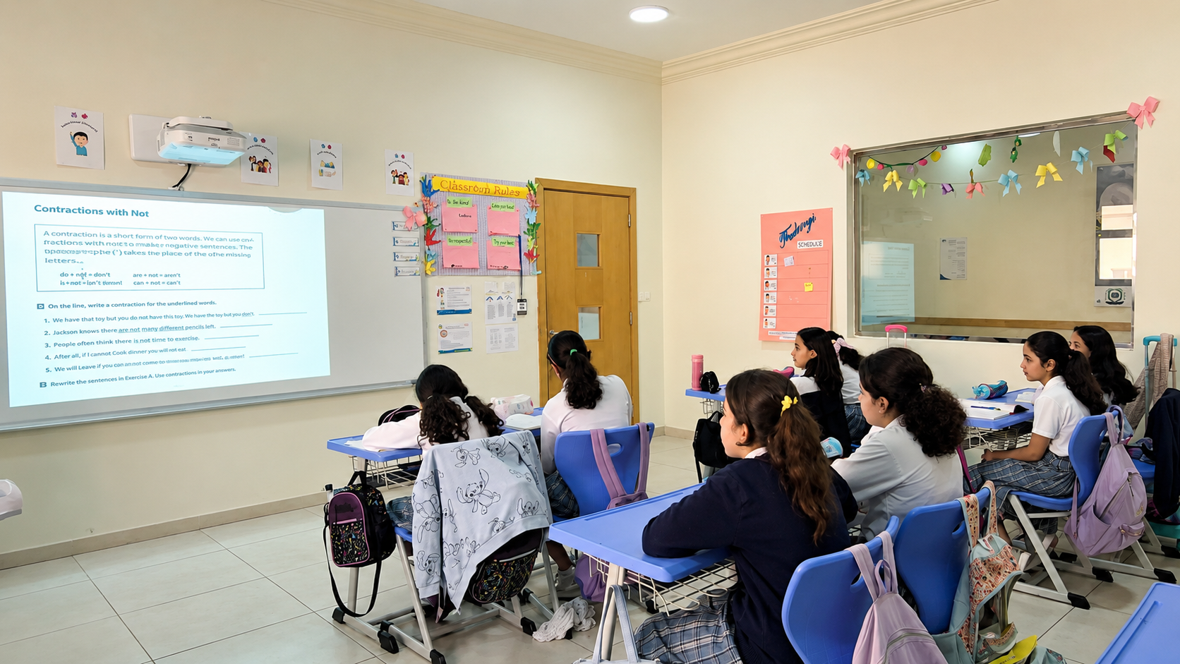 SAIS Upper Elementary classroom with projector-led lesson